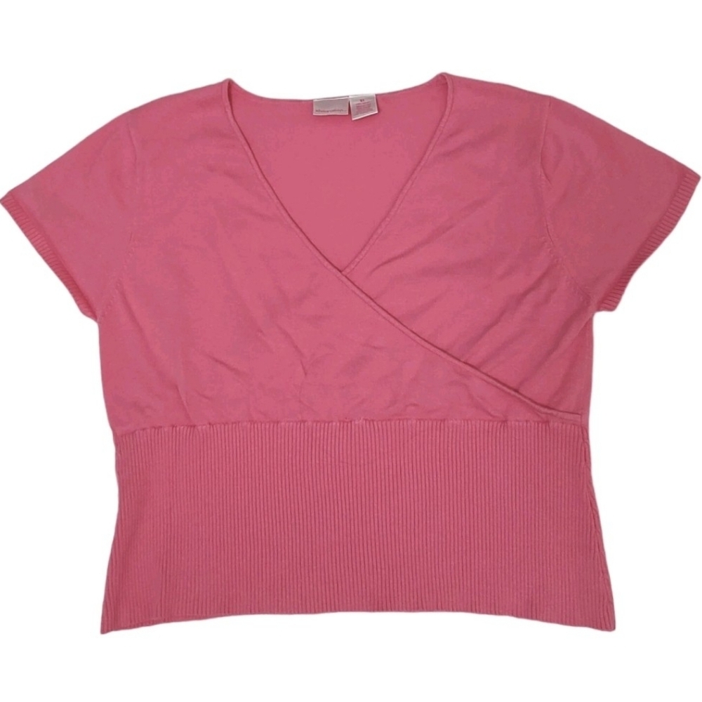 Xhilaration Pink Ribbed Faux Wrap Top XL V-Neck Tee Y2K 90s Style Barbiecore